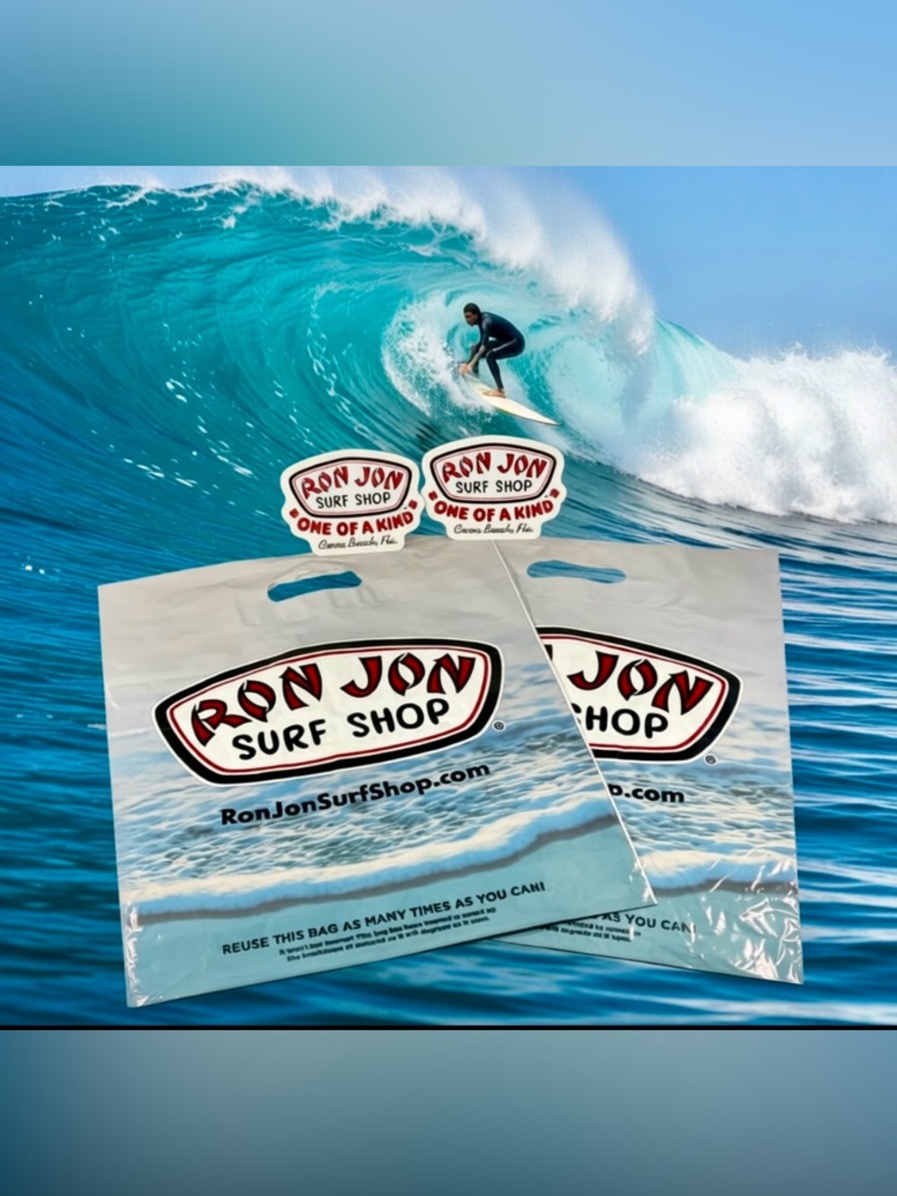Ron Jon Surf Shop Cocoa Beach Blue Ocean Graphic Bags (2) with Stickers (2)